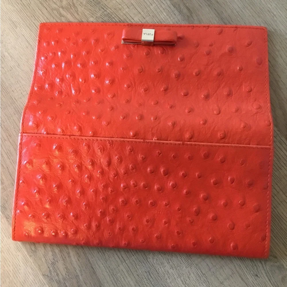 Furla Orange Ostrich-Embossed Leather Babylon Continental Long Wallet (NWOT) - Picture 3 of 5